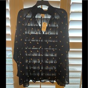 CAbi Blouse Black size M Sheer, long sleeves NEW white embroidered flowers